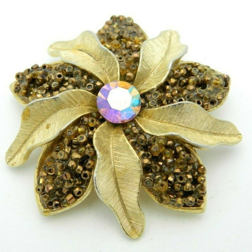 Topaz Glass Bead Rhinestone Large Gold Tone Flower